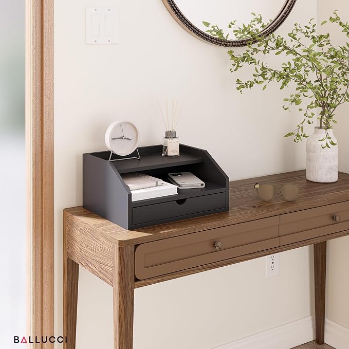 Ballucci Desk Organizer with Drawer, 2 Tier Paper Office Supplies Desk Organizer, 13 2/5" x 9 3/5" x 6", Black