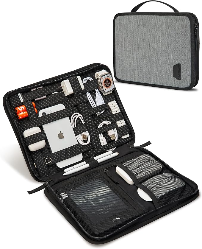 BAGSMART Water-Resistant Tech Organizer Bag for Electronics Accessories, Travel Storage Case Compatible with 12.9" Tablet, Charging Cable, Power Bank, Earphone, Grey