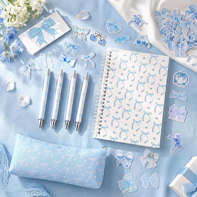 Sayglossy Blue Bow Stationery Gift Coquette School Supplies Set Include Pens Aesthetic Journal Notebook Pencil Case and Stickers Preppy Back to School Supplies for Girl Students