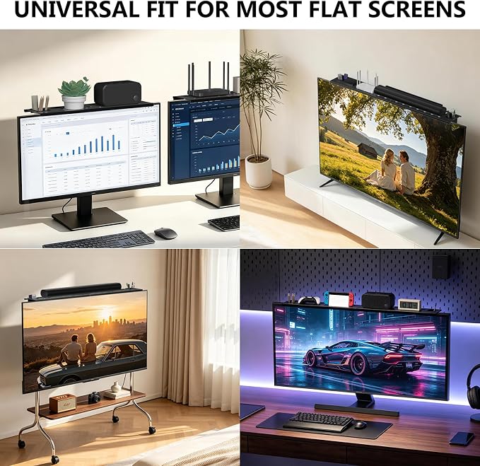 WALI Soundbar Mount, No Drilling TV Top Shelf with 2 Storage Boxes, Floating Monitor Shelves for Router, Cable Box, Game Console Storage, TV Remote Holder, Up to 5.5Lbs, 17.3"x4.3"(TSH004-2B), Black