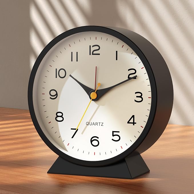 AYRELY® 4.5" Analog Alarm Clock, Small Retro Desk Clock and Table Clock | Battery Operated, Silent Metal Table Clock with Light for Living Room Decor, Bedroom, Bedside and Shelf (Black)