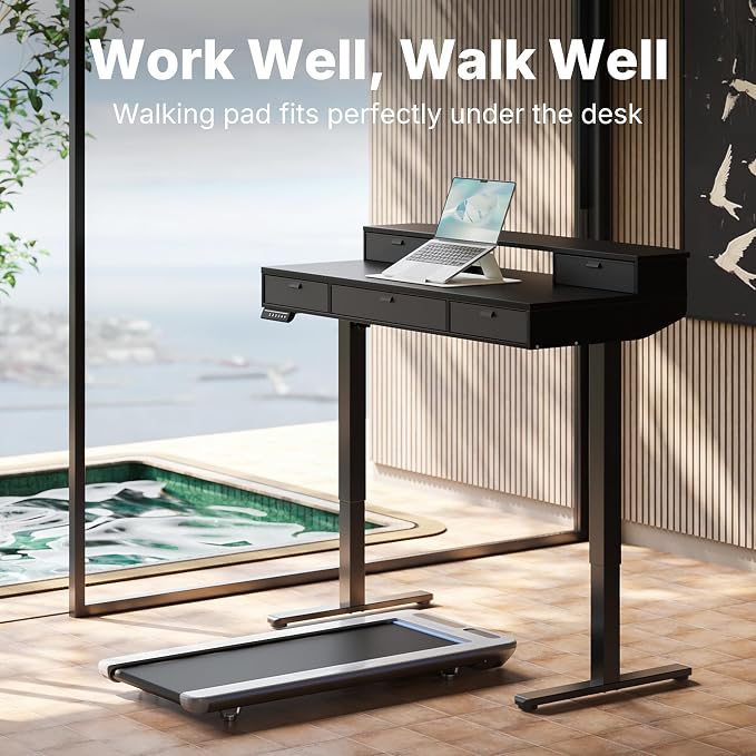 HUANUO 48 x 24 Inch Electric Standing Desk with 4 Drawers, Black | 4 Drawers For Organized Storage, Raised Monitor Shelf, C-Clamp Mount Support, 4 Memory Presets, 28.3–46.5 Inch Height Range