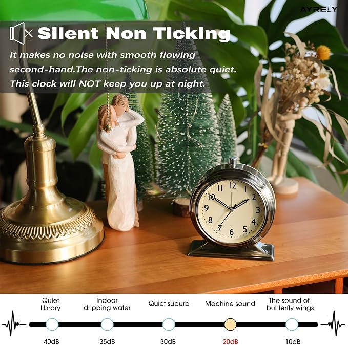 AYRELY® 5.5" Vintage Metal Alarm Clock, Desk and Table Clock for Shelf | Battery Operated Silent Analog Clock with Light for Living Room,Mantel, Bedside and Home Decor (Gold)