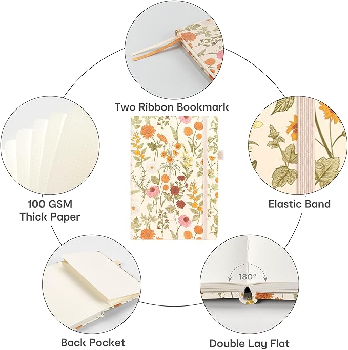 &And Per Se Dotted Journal Notebook, A5 Hardcover Aesthetic Dotted Notebook – 160 Pages 100gsm Thick Dot Grid Paper, 3 Sticker Sheets – Gift-Ready Journaling Kit for Women (Wild Flowers)