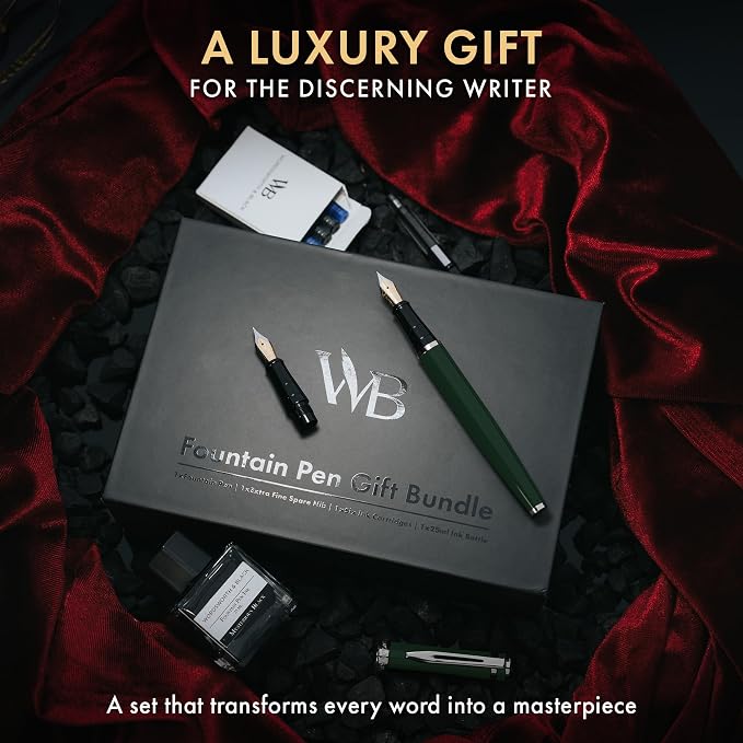 Wordsworth & Black Fountain Pen Set,18K Gilded Medium and Extra Fine Nib,25ML Black Ink Bottle,6 Ink Cartridges,Refill Converter,Gift Box,Smooth Writing Pens [Green Chrome],Gift Set for Men and Women