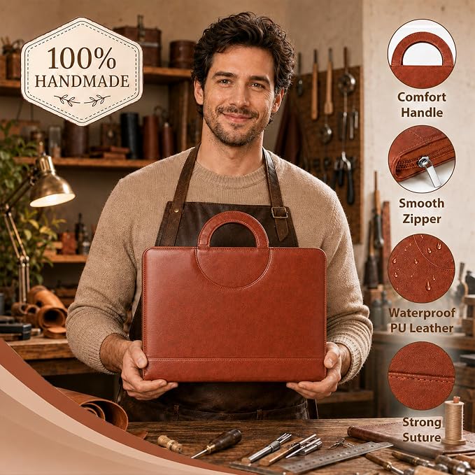 Darolin Vegan Leather Padfolio Portfolio with Handle, Zipper -Brown | Business Portfolio Organizer for Meetings, Interviews, Travel, Resume, Clipboard Fits A4, Letter Size, Padfolio for Men Women