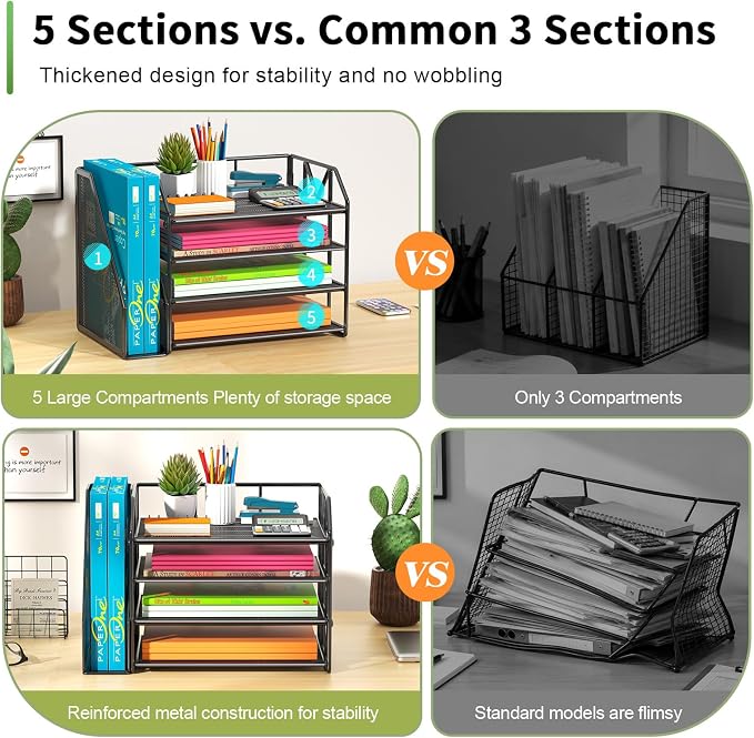4-Tier Paper File Organizer with Bookend, Metal Desk Organizer, Tiered Paper Tray for Letter/A4 Files, Desktop Office Supplies Storage Rack for Home Office, Classroom, School & Work, Black