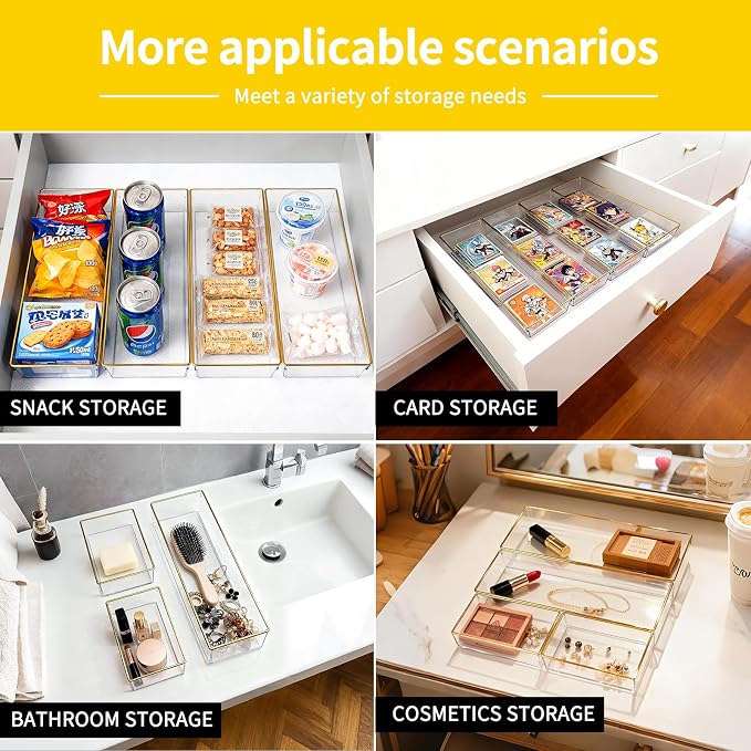 12 Pack Large Size Clear Stackable Drawer Organizer Trays, Gold Rim Makeup Drawer Storage Tray Divider, Desk Storage for Makeup, Jewelry, Bathroom, Stationary, Kitchen Utensils and Office Desk