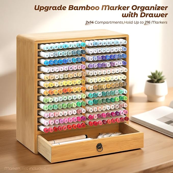 Marker Organizer, 24 Slots Wooden Storage for Up to 216 Markers with Drawer | Art Supply Alcohol Pen Storage Desktop Bamboo Marker Holder,Keeping Color Visible,Easy to Reach in Home Office and Classroom.