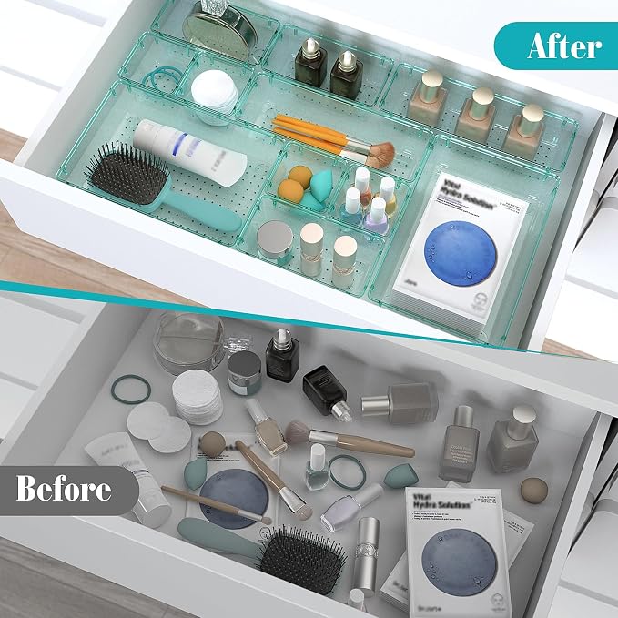 StorMiracle 33 PCS Clear Plastic Drawer Organizers Set, 4 Size Desk Drawer Organizer Trays for Makeup, Jewelry, Kitchen Utensils, Gadgets and Office Accessories, Sea Blue