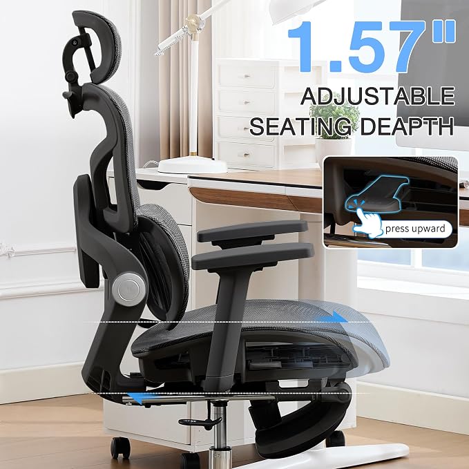 Ergonomic Mesh Office Chair with 2-Zone Lumbar Support and Footrest,Black | Big and Tall, 400LBS, Adjustable Seat Depth, 4D Headrest, 4D Armrests Swivel Executive Chair for Home Office