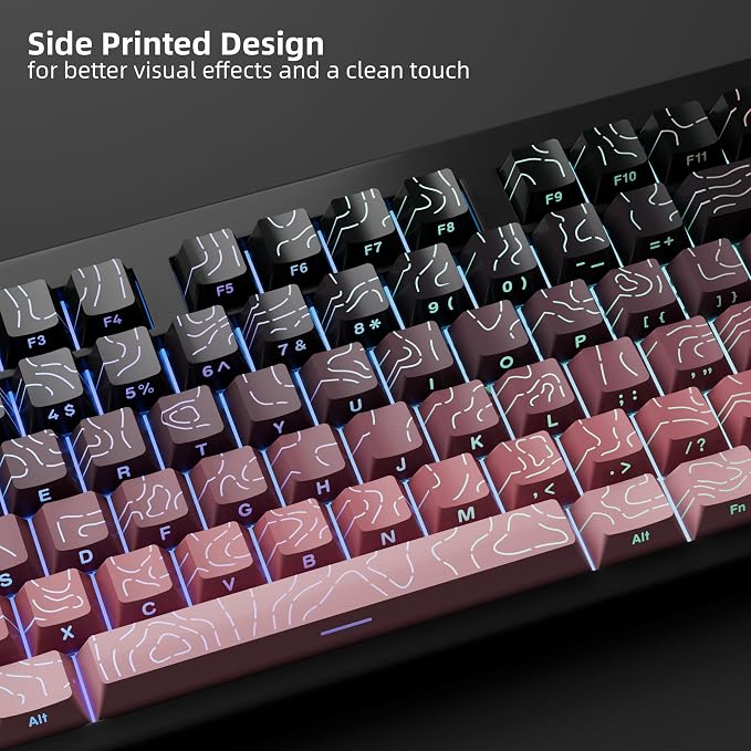 FunHub Shine Through PBT Keycaps - Pink Side Printed DoubleShot Keycaps Set 133 Keys 60 65 75 100 Percent Cherry Profile,Gradient Topographic RGB Backlit Key Caps for MX Full Size Mechanial Keyboards