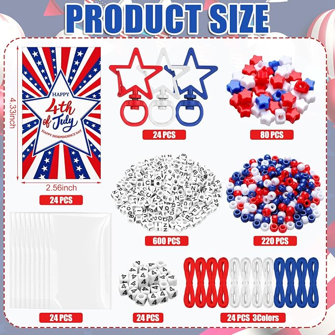 Suncalla 996 Pcs 24 Set 4th of July Crafts Patriotic Keychain Making Kit DIY Red White Blue Beads 250 Anniversary Cards Rope Kit American Flag Jewelry Party Favors for Independence Day Veterans Day