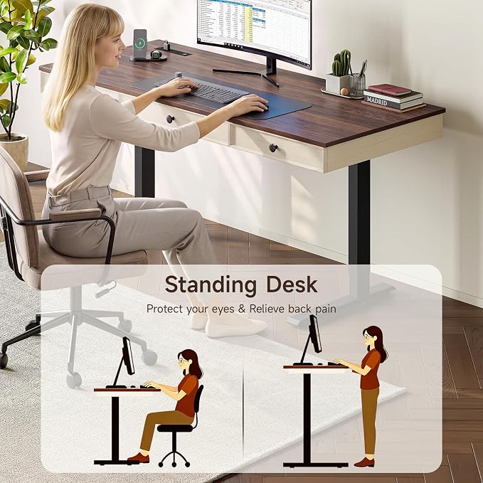 55 Inch Electric Standing Desk with 3 Drawers, Home Office Desk, Walnut | Computer Desks Retro Corner Table & Drawers, Height Adjustable Stand Up Desk with Storage & Outlets for Computer Workstation