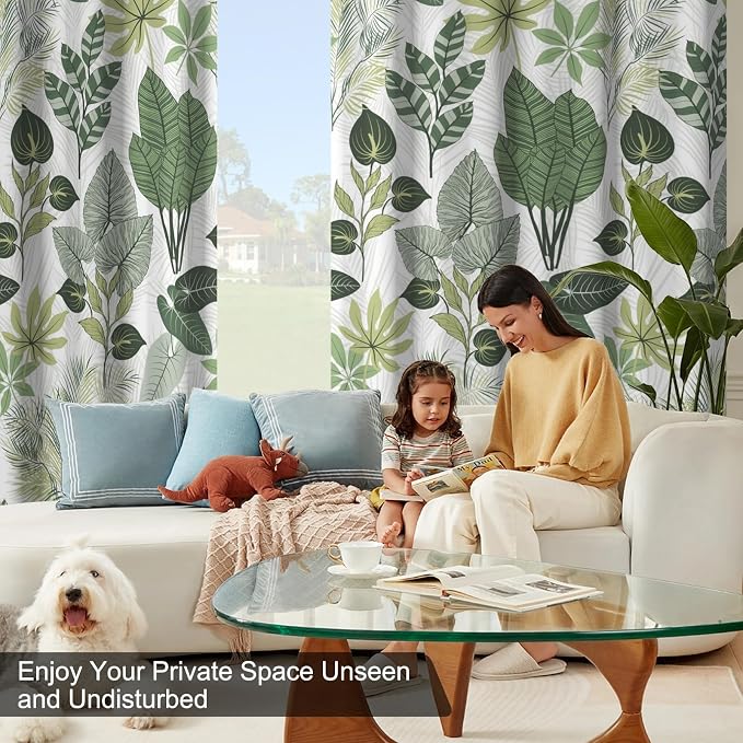 Blackout Curtains 84 Inch Length 2 Panels Set, Tropical Leaves Pattern Printed Thermal Insulated Drapes Noise Reduction Room Darkening Grommet Blackout Curtains for Bedroom Living Room Window