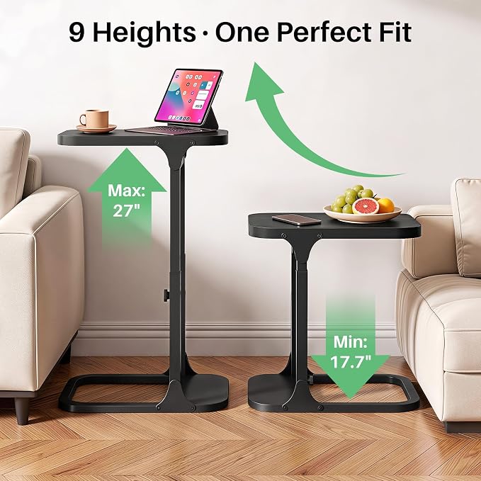 Kitstorack Height Adjustable End Table 2 Pack, Small Side Table for Couch, Sofa Table with Metal Frame for Living Room, Bedroom, Bedside C Shaped Table,Black
