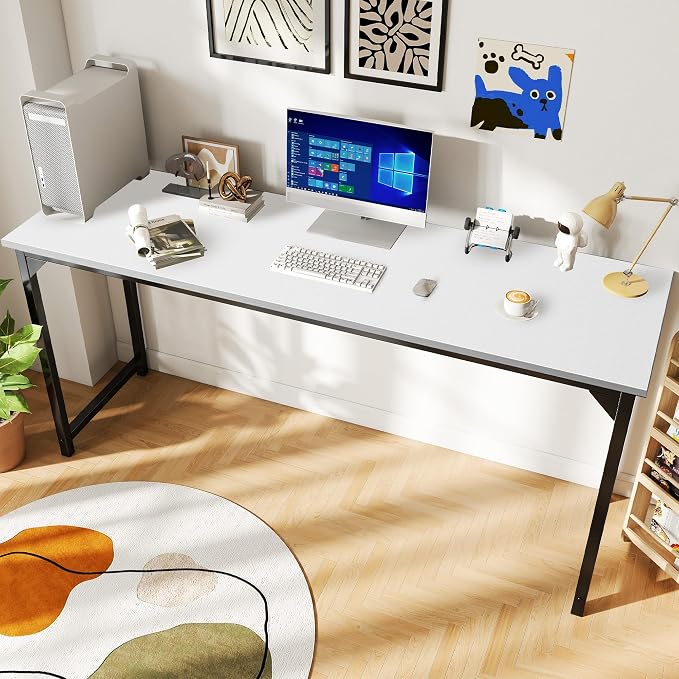 DUMOS 63 Inch Computer Desk for Home Office, Modern Study Work Table Simple Style for Bedroom, Large Writing Desks with Triangular Reinforcement, Wood White