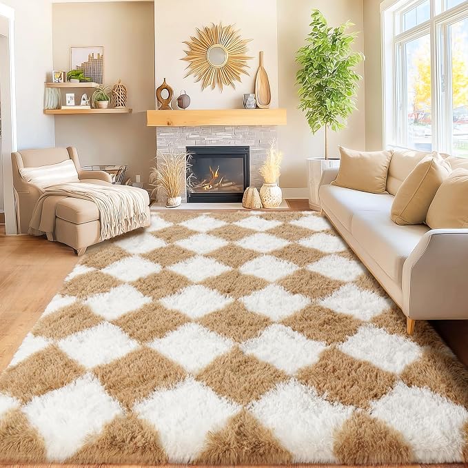 Area Rugs for Living Room Bedroom 8x10, Ultra Fluffy Shag Checkered Rug Modern Washable Carpet Soft Shaggy Non Slip Indoor Plush Fuzzy Rugs for Bedroom Dorm Office Home Aesthetic Decor, White Camel