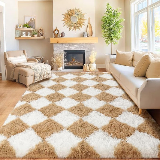 Area Rugs for Living Room Bedroom 8x10, Ultra Fluffy Shag Checkered Rug Modern Washable Carpet Soft Shaggy Non Slip Indoor Plush Fuzzy Rugs for Bedroom Dorm Office Home Aesthetic Decor, White Camel
