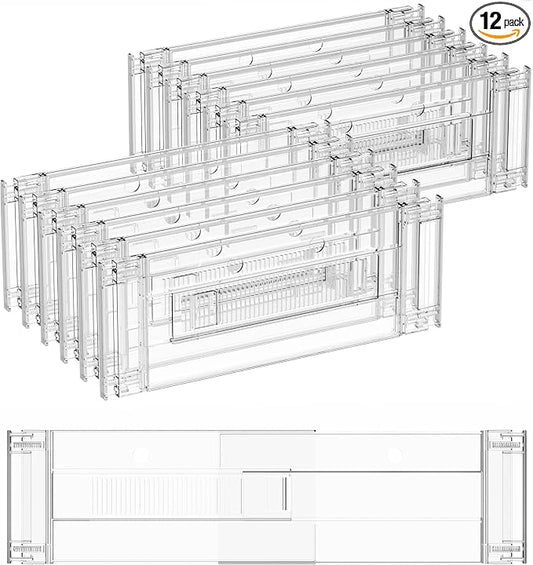12 Pack Clear Acrylic Drawer Divider 6 Inch High,Expandable from 14-20'',Adjustable Dresser Drawer Dividers for Baby Clothing,Underwear and Sock,Separators,Deep Drawer Separators for Kitchen