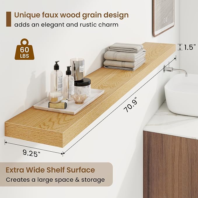 72in Floating Shelves for Wall, 72"W x 9.25"D x 1.5"H, Long Wall Mounted Engineered Wood Shelves with Invisible Brackets for Living Room, Bedroom, Bathroom, Kitchen Decor and Storage, Oak