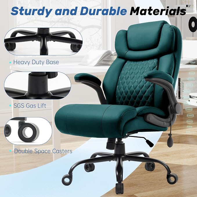 550LBS Big and Tall Office Chair, Comfy Heavy Duty Executive Chair with Adjustable Lumbar Support Double Spaces Casters, Fabric Extra Wide Seat Ergonomic Computer Desk Chair for Back Pain,Green