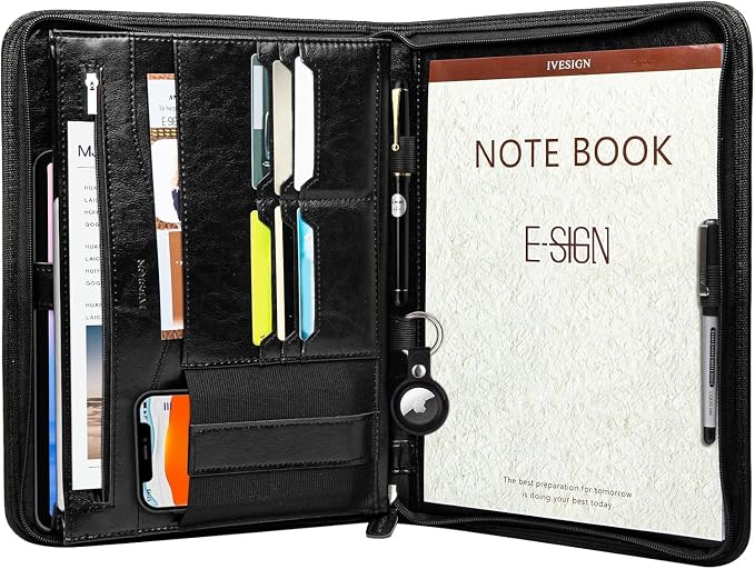 Zippered Padfolio for Women & Men Resume Portfolio Folder Vegan Leather Salesman Business Organizer Planner,with Writing Pad Interior 10.1 Inch Tablet Sleeve Black