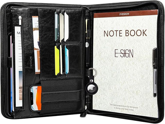 Zippered Padfolio for Women & Men Resume Portfolio Folder Vegan Leather Salesman Business Organizer Planner,with Writing Pad Interior 10.1 Inch Tablet Sleeve Black