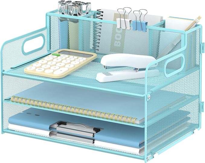3-Tier Desk Organizer with Pen Holder and Handles, Paper Organizer, Blue | Desk Organizer and Paper Organizer for Desk with Pen Holder, Paper Trays and Handles for Files, Mail and Office Supplies