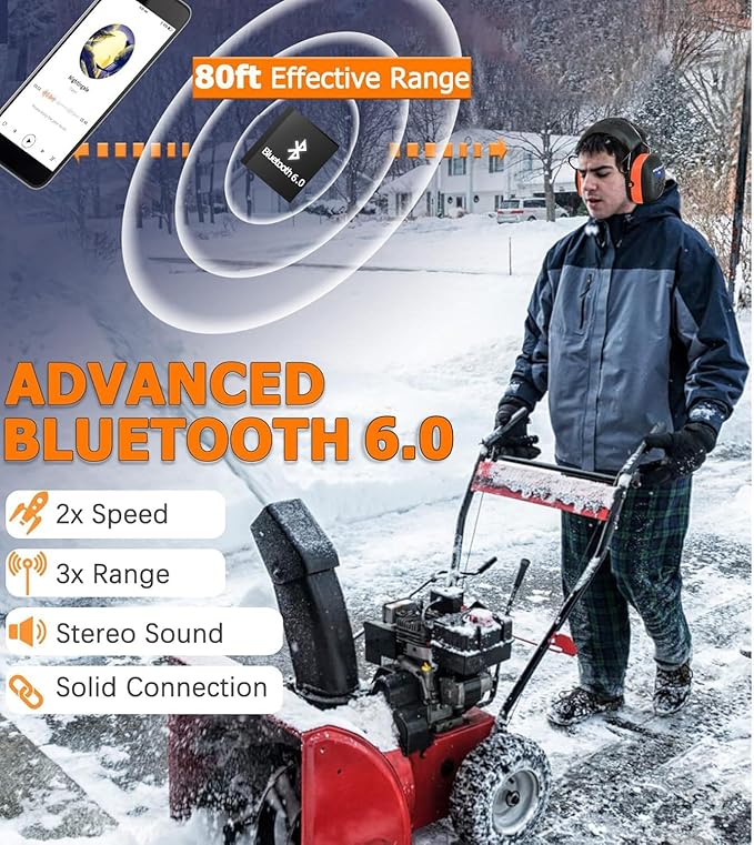 PROHEAR 037 Bluetooth 6.0 Hearing Protection Headphones with Rechargeable 1500mAh Battery, 30dB SNR Safety Noise Reduction Ear Muffs with 120H Playtime for Mowing, Workshops, Snowblowing - Orange