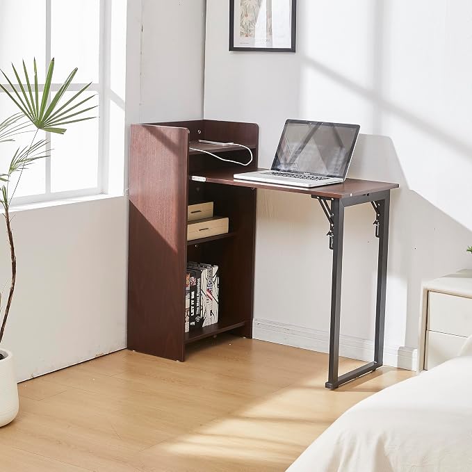 Fold Out Desk with Storage and Built-in Outlet, Mid Century Foldable Desk for Small Spaces, Hidden Folding Table for Home Office or Bedroom (Brown)