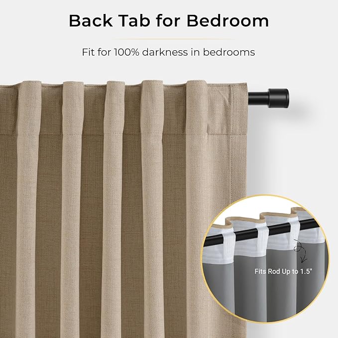 INOVADAY 100% Blackout Curtains for Bedroom, Taupe Black Out Curtains 96 Inch Long, Clip Rings Linen Blackout Drapes, Thermal Insulated Room Darkening for Living Room, 2 Panels - W50xL96