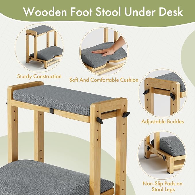 Double Step Foot Rest Under Desk, Adjustable Wooden Desk Foot Rest with 4 Heights, Ergonomic Foot Stool with Cushion for Office, Gaming & Study (Natural Color)