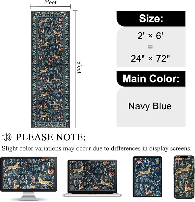 DUKINO 2x6 Rug for Hallway, Washable Kitchen Runner Rug with Non Slip Backing, Soft Low Pile Vintage Animal Runner for Bedroom, Kitchen, Hallway, Entryway, Laundry, Navy Blue