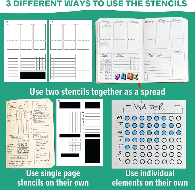 Speedy Spreads Journal Stencils (Weekly Layouts #1) - x6 Stencils for A5 Bullet Dot Grid Journal Notebook, Save Time on Full-Page Layouts, DIY Planner Templates for Productivity by Sunny Streak