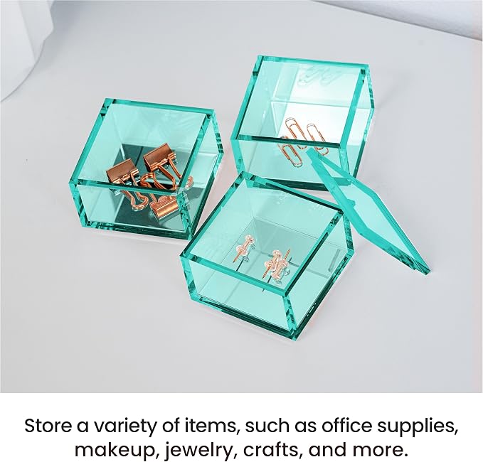 3-Tier Stackable Acrylic Holder, Green with Silver Metal Base | Stylish desk organizer and storage for office or home, Transparent square design, Functional and elegant desk accessories
