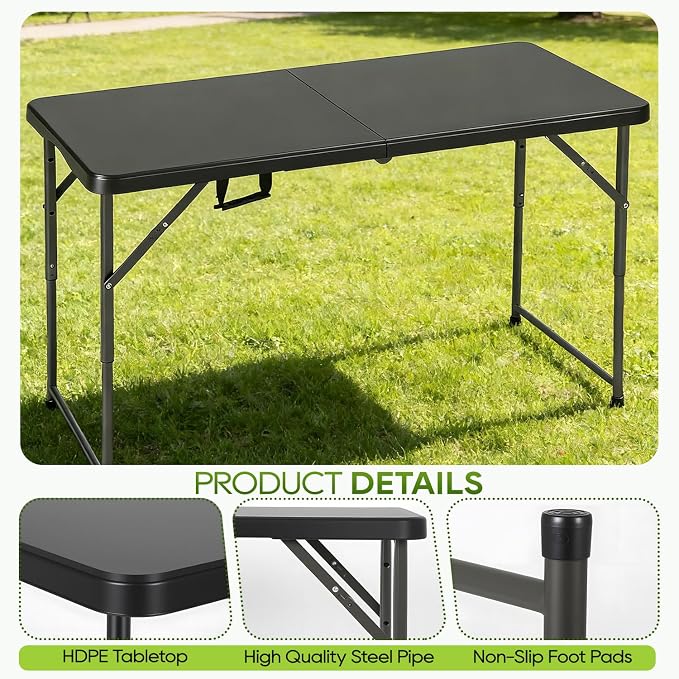 FDW 4FT Folding Table, Portable Fold-in-Half Plastic Picnic Party Table with Carrying Handle (Black, 4FT)
