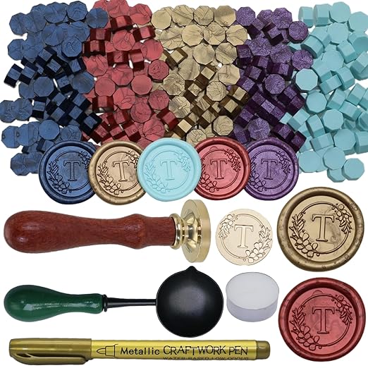 Initial Alphabet T Wax Seal Stamp Set, Retro Letter Sealing Stamp with 150Pcs Sealing Wax Beads in 5 Color, Melt Spoon Pen Kit for Wedding and Christmas (T)