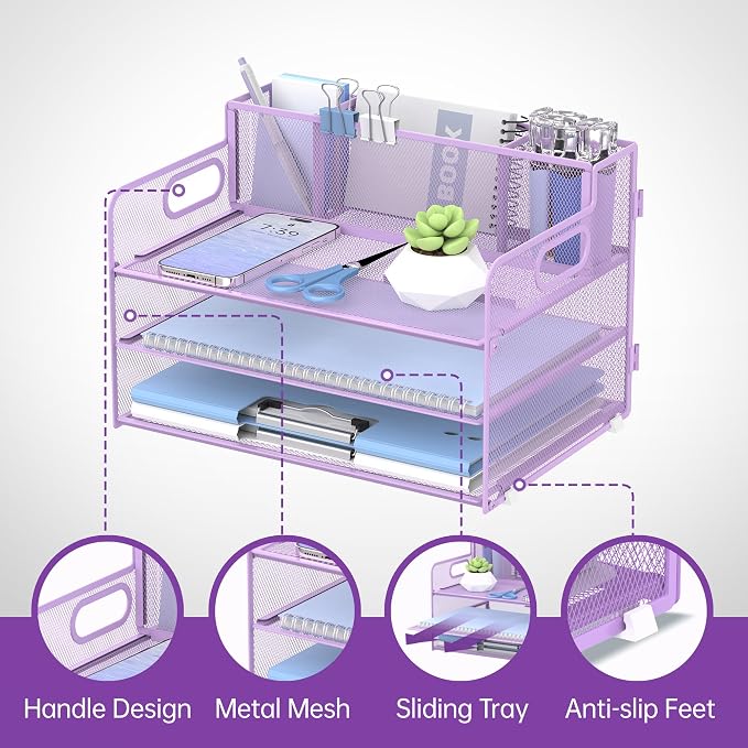 3-Tier Desk Organizer with Pen Holder and Handles, Paper Organizer, Purple | Desk Organizer and Paper Organizer for Desk with Pen Holder, Paper Trays and Handles for Files, Mail and Office Supplies