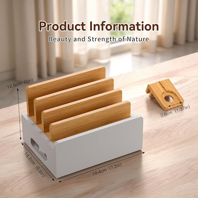 Pezin & Hulin Bamboo Charging Station with USB Charger&Cables-Natural+White | Desk Docking Station Smart Watch&Earbuds Stand for Multiple Devices Electronic Organizer for Cell Phone, Tablet