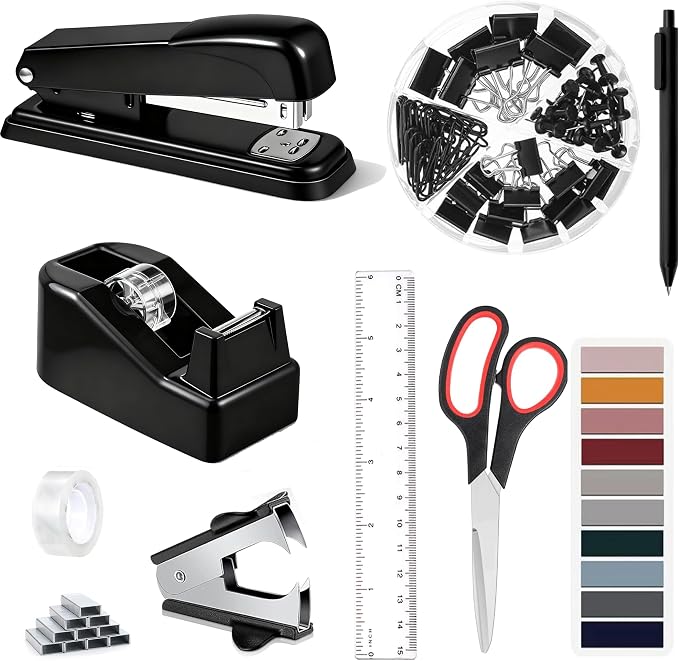 Dimonluce Office Desk Accessories, Black Office Supplies Accessories with Tape Dispenser, Stapler, Staple Remover, 1000 Staples, Tape, Clips Set, Ruler, Scissor, Pen