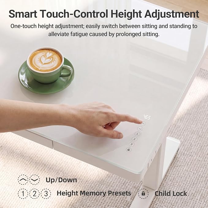 Claiks Touch Screen Glass Standing Desk with Drawers and USB Ports, 48×24 Inch Adjustable Stand Up Desk, Quick Install Home Office Glass Top Computer Desks, White