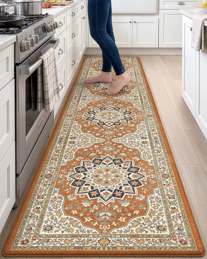 DEXI Kitchen Floor Mats Cushioned Anti Fatigue Runner Rug 23x107 Orange | Soft Comfort Memory Foam, Easy Care, Waterproof, Standing Padded for Front Sink Laundry Office Farmhouse