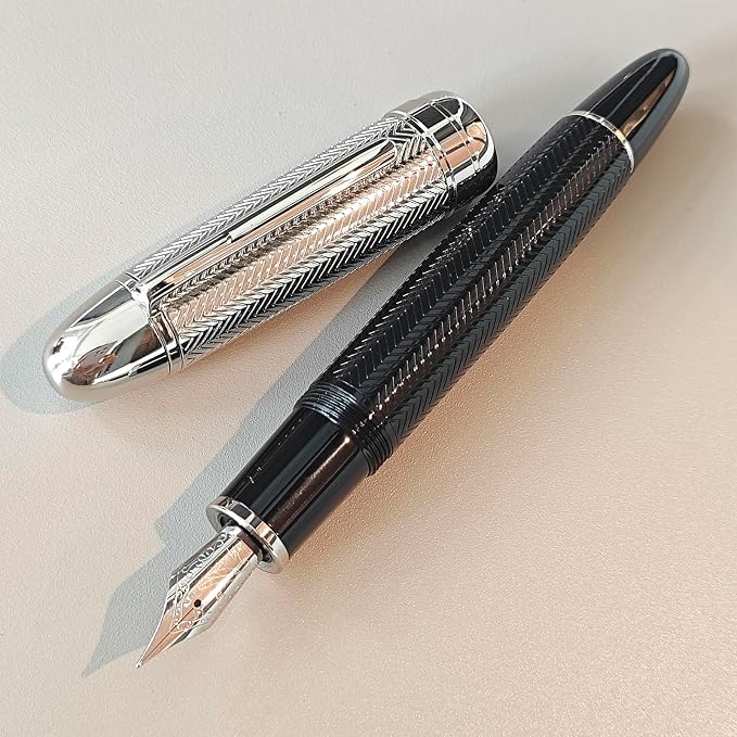 Luxury Fountain Pen, Fine Nib (F) Gold Trim Classic Executive Writing Pen,18K Gold Plated Nib, Professional Business Gift with Ink Refill Converter (Wavy Silvery Black)