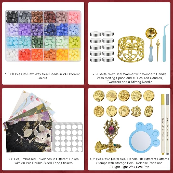 Numola Wax Seal Kit with Gift Box, 24 Colors 600 Pcs Cat-paw Beads, 10 Stamps with Storage Box, 2 Retro Handle, Metal Warmer, Vintage Envelopes, Metallic Pen, Candles, for Gifts and Decorating