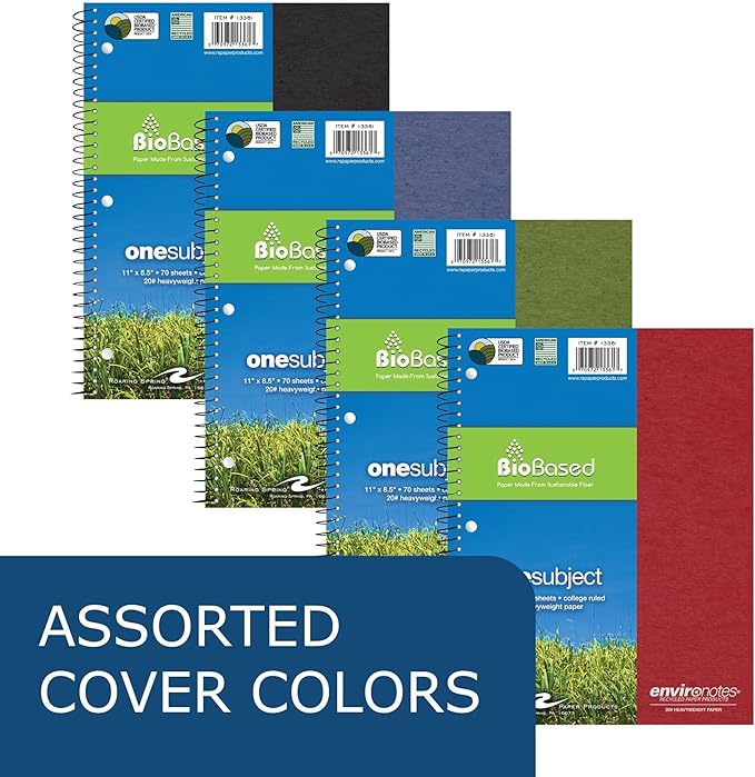 Roaring Spring Case of 24, Environotes Recycled One Subject Spiral Notebook, Heavyweight College Ruled BioBase Paper, 11" x 8.5" 70 Sheets, Assorted Earthtone Covers
