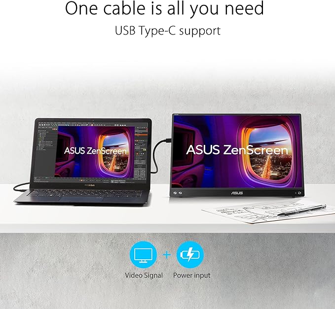 ASUS ZenScreen 16” (15.6 inch viewable) 1080P USB-C Portable Monitor (MB16AHV) - Full HD, IPS, Blue Light Filter, Anti-glare, Mini HDMI, Kickstand, Tripod Mountable, Protective Sleeve, 3 year warranty