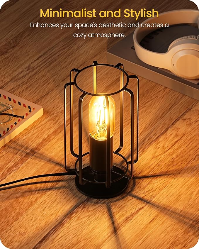 Industrial Table Lamp Set of 2, Small Bedside Lamp with Dimmable 2400K Warm Light LED Bulb, Vintage Desk Lamp, Rustic Nightstand Lamp for Bedroom, Study, Office, Small Space, Black B05TLP205