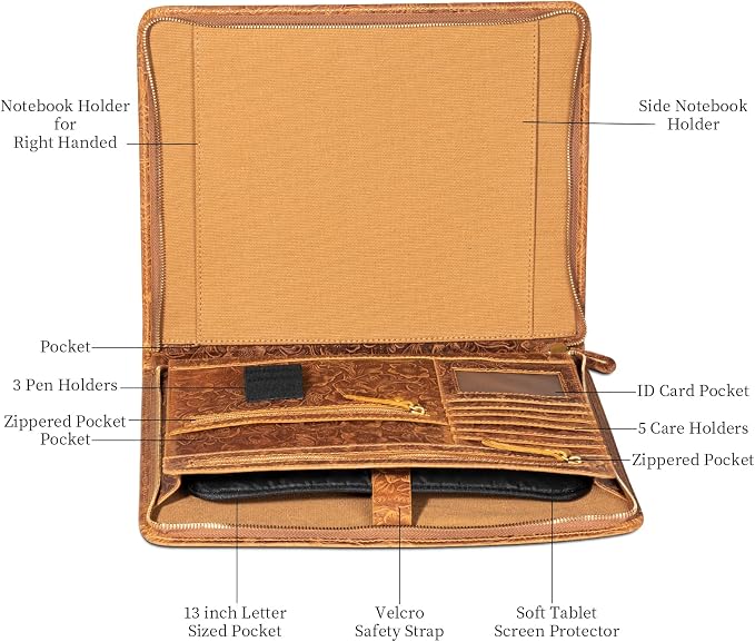 Gexmil Leather Portfolio Organizer for Women Men, Business Padfolio Folder with Zipper, Full Grain Leather,Interview Legal Document File Resume Organizer, A4 Writing Notepad Padfolio, Floral Brown