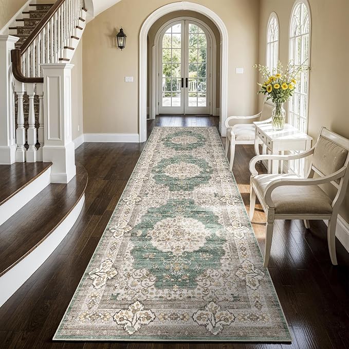 3x10 Washable Hallway Runner Rug:Oriental Indoor Kitchen Rugs Vintage Door Mat Non Slip with Rubber Backing Low Pile Thin Carpet for Bedroom Bathroom Living Room Bedside (3x10 Green/Beige)